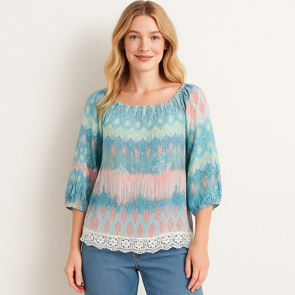 Spense Boho Peasant Blouse Multicolor Ikat Lace Trim Top L